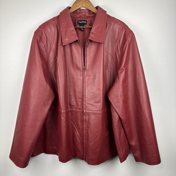 Vintage Maggie Barnes Leather Jacket Womens 4X Red Full Zip Collar Burgundy Plus - Picture 1 of 12
